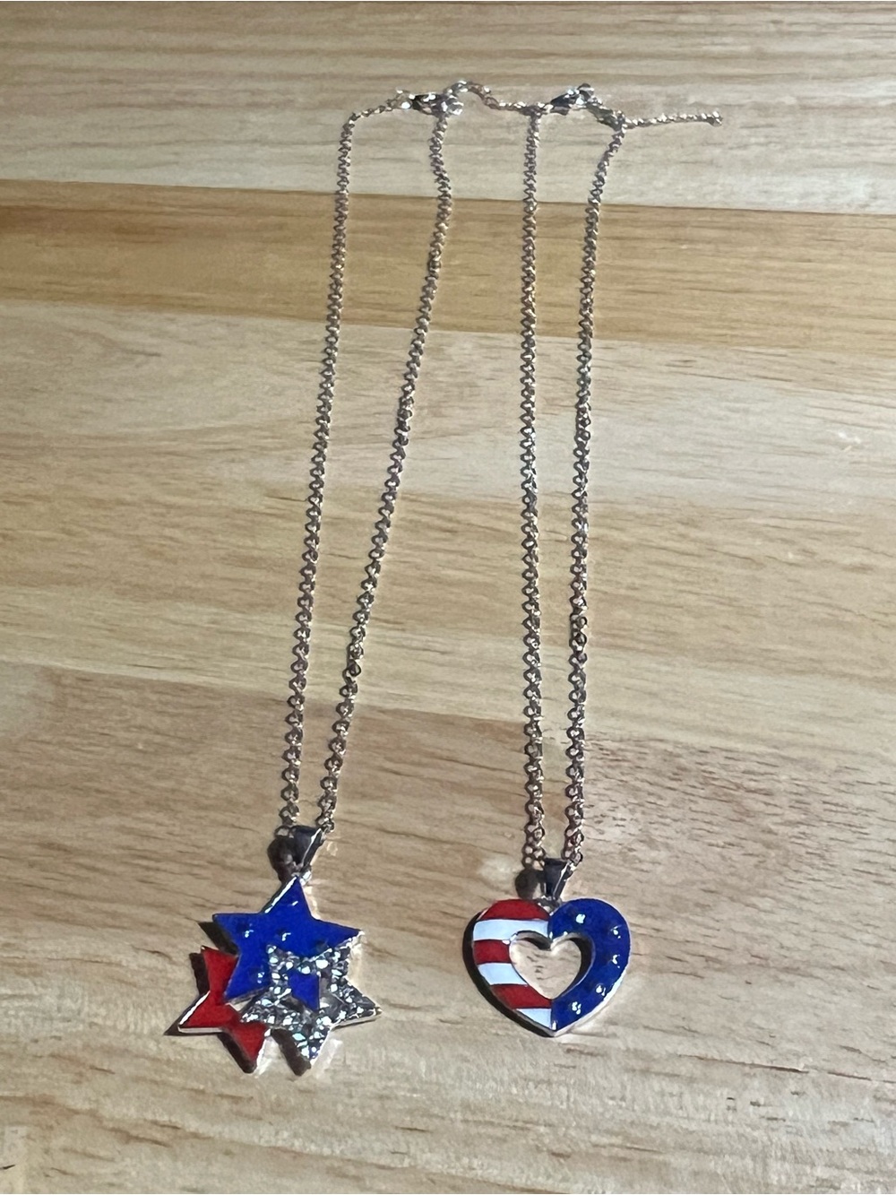 Patriotic Enamel Star & Heart Pendant Necklaces - Red, White & Blue N153
